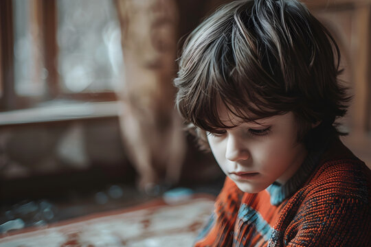 An image of an autistic child feeling lonely at home, sitting by the window and looking contemplative.