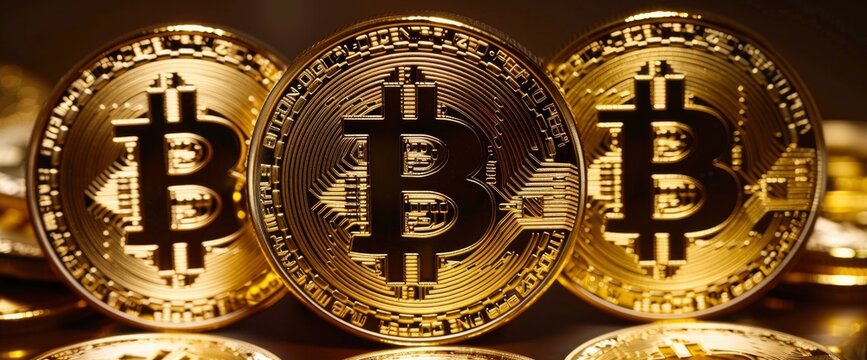 The bitcoin logo is displayed on the surface of three gold coins, with the background being a dark brown and clean. The photo adopts a frontal composition, highlighting details
