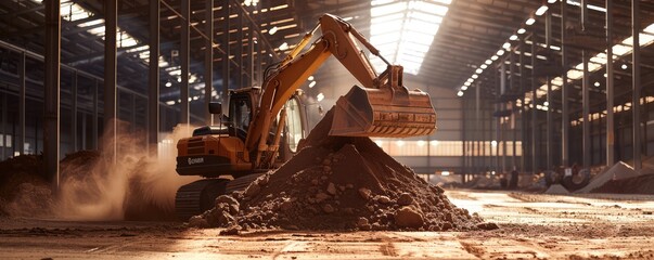 Industrial bulldozer moving soil in factory. banner - obrazy, fototapety, plakaty