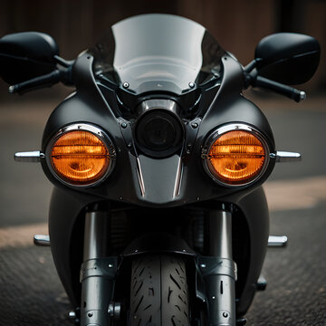 Black motorcycle with yellow lights on the front