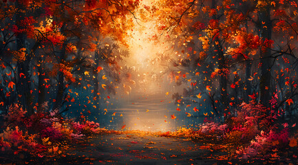 Fototapeta na wymiar Magical Harvest: Oil Painting Immerses Viewers in Glowing Autumn Garden Scene