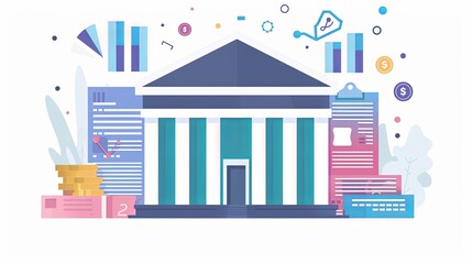 Bank building illustration with financial icons. Digital vector artwork with business and finance concept for design and web banner