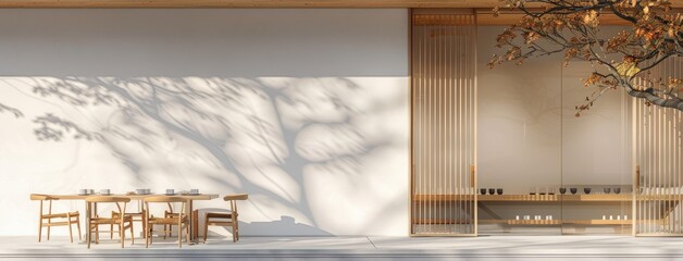 a Japanese cafe with tables and chairs arranged outside, cups placed thoughtfully on the tables, and the warmth of noon sunlight streaming through a large glass window.