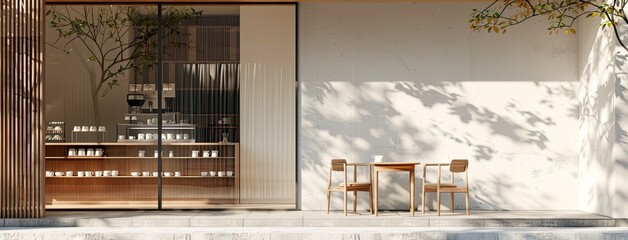 a Japanese cafe with tables and chairs arranged outside, cups placed thoughtfully on the tables, and the warmth of noon sunlight streaming through a large glass window.