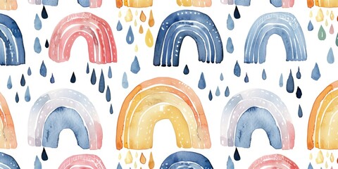 Rainbow and Raindrops Pattern on White Background - obrazy, fototapety, plakaty