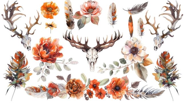 Deer Skull with Flowers and Feathers