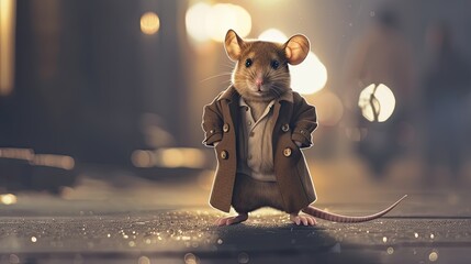 mouse strutting down the runway in a stylish coat, pants, and shoes, exuding high-end design flair with a cool and beautiful demeanor. - obrazy, fototapety, plakaty