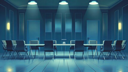 Modern conference room with blue lighting. Corporate meeting space design. Design for poster, - obrazy, fototapety, plakaty