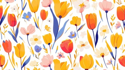 This delightful pattern features adorable small cartoon tulip flowers on a crisp white background perfect for a variety of uses including textiles fabric wrapping paper backdrops w