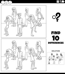 differences game with cartoon surprised young people coloring page