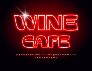 Vector Neon advertisement Wine Cafe. Trendy Red Font. Modern Glowing Alphabet Letters and Numbers set.