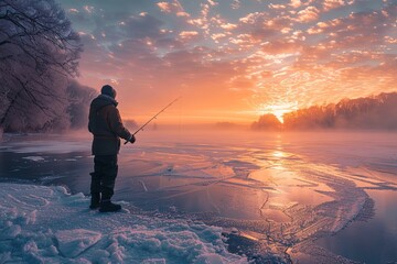 A man is fishing on an ice-covered lake.