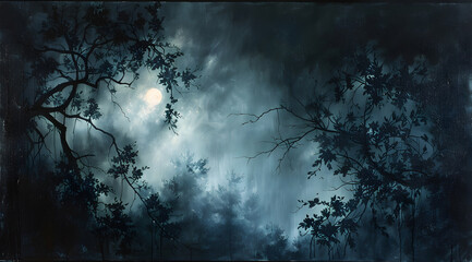 Mystical Dreamscape: Oil Painting Reveals Shadowy Silhouettes Through Swirling Mist