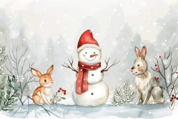 Snowman and Two Rabbits Painting