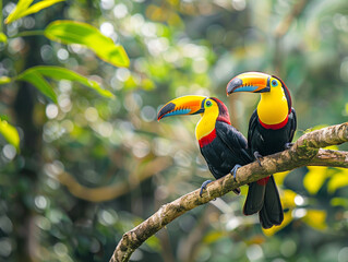 Two Toucan's perched high above the rain forest with room for text or copy space