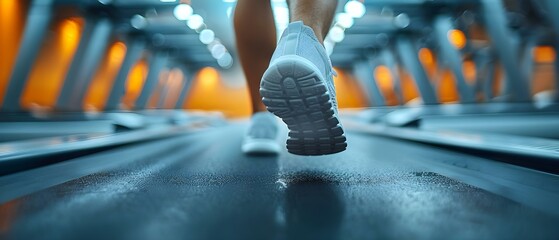 Mans feet running on treadmill at gym focused on achieving fitness goals. Concept Fitness Journey, Treadmill Workouts, Gym Motivation, Active Lifestyle, Running Progress - obrazy, fototapety, plakaty