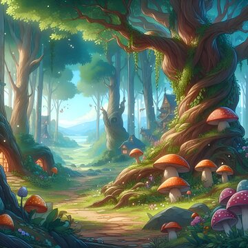Digital fantasy forest landscape illustration with magic trees, mushrooms, concept art style painting with nature, outdoor fairy tale drawing. Summer village artwork with wonderful colors.
