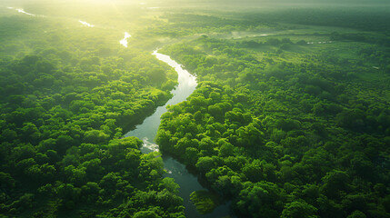 River winding through a vibrant green forest in sunlight. Aerial landscape photography. Ecology and...