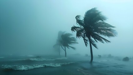 Resilient palm trees withstand hurricane winds in the storm. Concept Palm Trees, Hurricane Resilience, Storm Survival, Tropical Landscapes - obrazy, fototapety, plakaty
