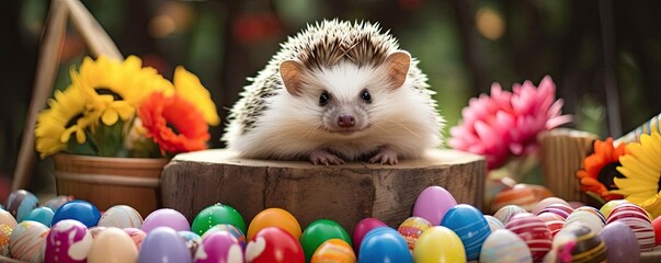 Hedgehog resting on a wooden barrel decorated with colorful, assorted painted balls, in a serene outdoor setting, showcasing vibrant colors and a peaceful atmosphere