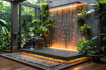 A hyperrealistic rendering of an outdoor home rainwater collection system, showcasing the intricate details and lighting effects that highlight its sleek design against lush greenery. Created with Ai