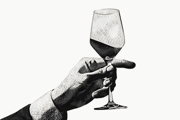 Wine glass with wine in hand, on a white background, newspaper style