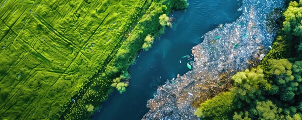 river dividing lush green fields with traces of pollution seen as floating debris. - obrazy, fototapety, plakaty