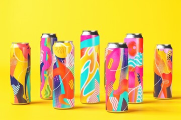 Group of soda cans on yellow background