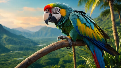 Amazonian Awakening: Vibrant Jungle with a Majestic Parrot (3D Background)