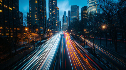 Night city traffic with light trails on urban street. Cityscape and modern life concept. Design for...