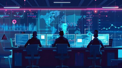 Network operations center in action. Vector illustration of data monitoring room with world map