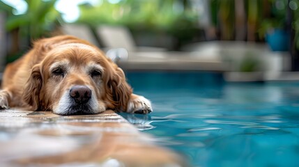 young golden retriever puppy swimming in a pool, Underwater funny photo of golden labrador retriever puppy in swimming pool play with fun - jump, dive deep down. Ai generated  - obrazy, fototapety, plakaty