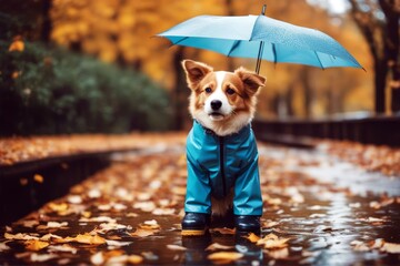 'dog rain outdoors autumn boots umbrella holding funny white weather boot puddle water cute animal background wellington gold retriever looking pet breed rubber mud nature family healthy walk'