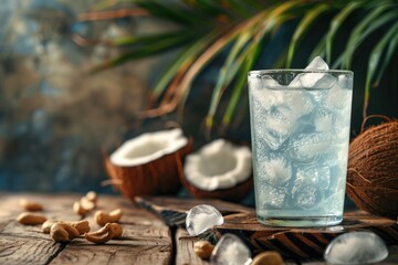 Refreshing glass of water with ice and nuts