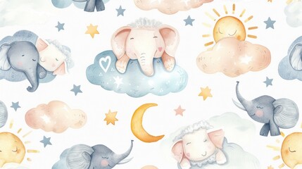 Elephants, Clouds, Stars Watercolor Pattern