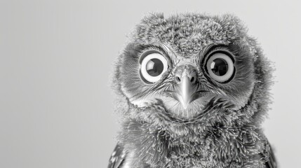 Obraz premium A black-and-white image of an owl's surprised face with expressive eyes