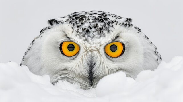  bright yellow eyes contrast against the backdrop of freshly fallen snow atop its head