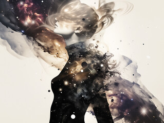 Silhouette féminine la tête dans le ciel étoile : impression de l'espace, de galaxie et d'univers dans le corps, concept d'éveil psychique, d'expérience occulte et de conscience modifiée - obrazy, fototapety, plakaty