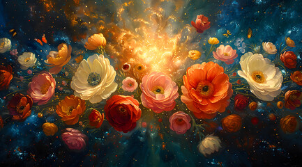 Obraz na płótnie Canvas Sonic Bloom: Oil Painting Visualizes Explosive Floral and Faunal Burst with Sound