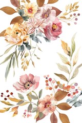 Watercolor Flowers on White Background