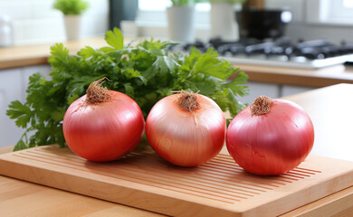 Three red onions on a wooden cutting board with parsley in a bright modern kitchen