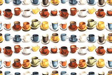 multi-colored ceramic cups and saucers with coffee or tea, seamless background, wallpaper