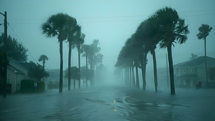 Palm trees swaying in hurricane winds amidst flooding in residential streets. Concept Extreme Weather, Natural Disasters, Flooding, Hurricane Impacts