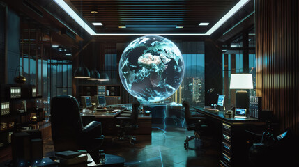 Futuristic Office with Holographic World Globe
