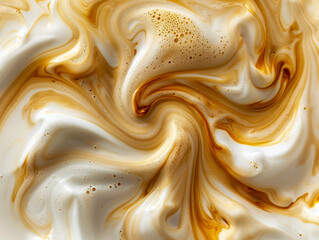 Abstract photography depicting swirls of milk and coffee.