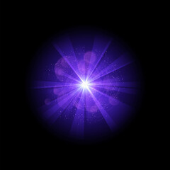 Mystical purple explosion with glare and particles on an isolated background.