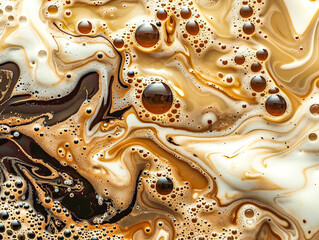 Abstract photography depicting swirls of milk and coffee.