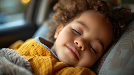 Toddler sleeping in child car seat. Travel safety