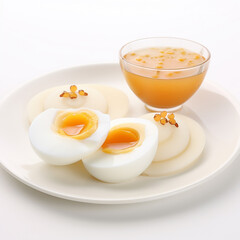 A plate of Korean rice cakes and boiled eggs.