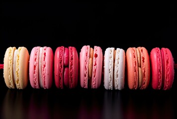 Colorful macaroons on a black background. Toned.